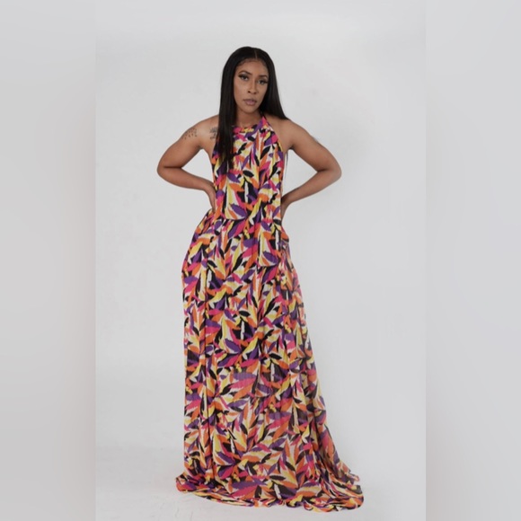 Multicolor Floral Print Chiffon Sleeveless Halter Neck Backless Maxi Dress - Picture 4 of 5